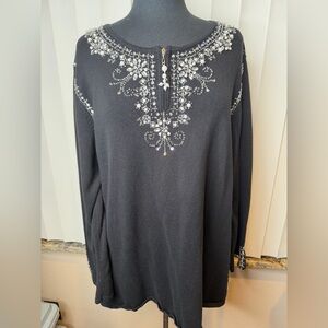 Quacker Factory black 1/4 zip sweater jewel, beaded, rhinestone accents Size 1X